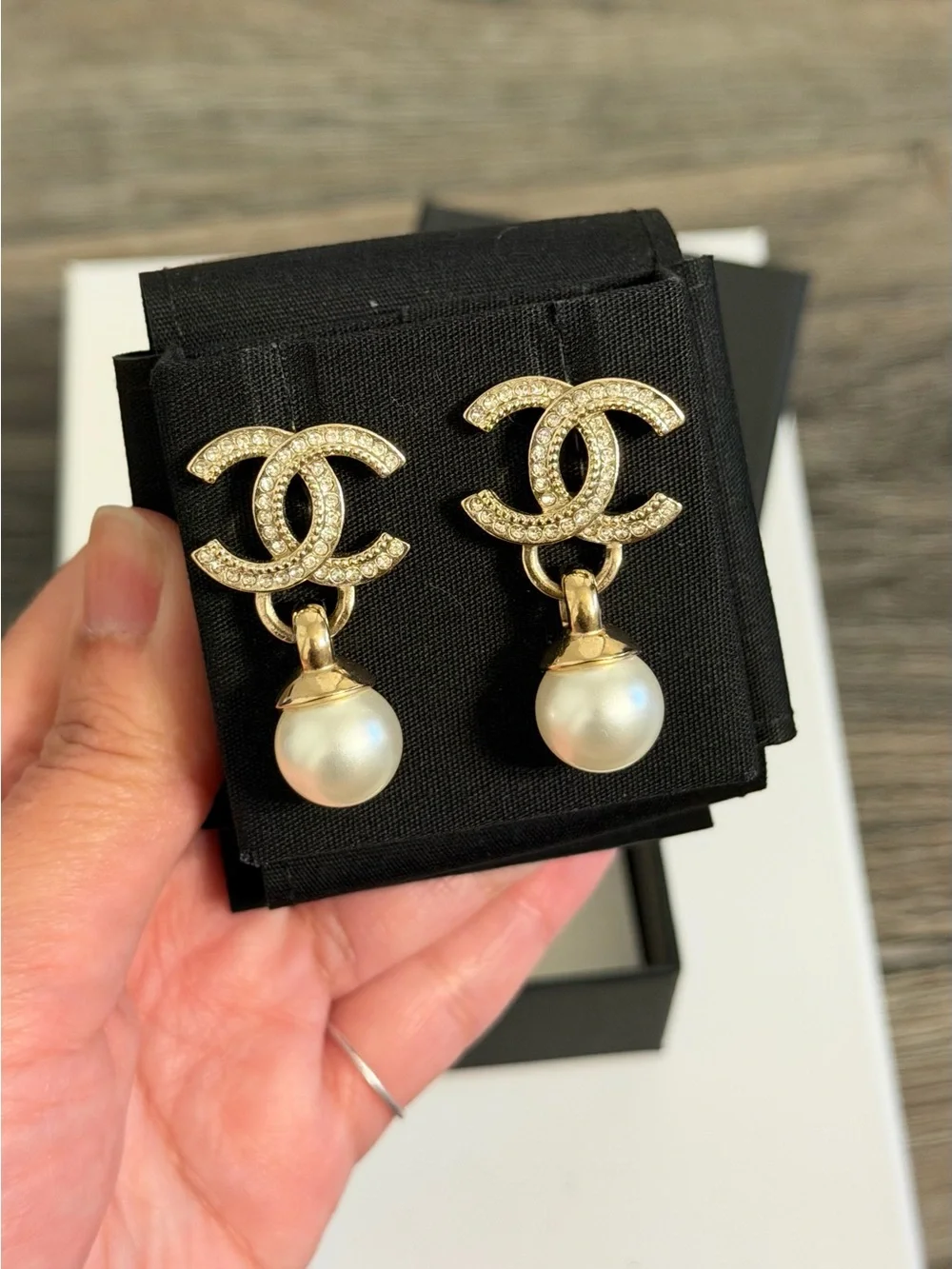 CHANEL Gold Crystal CC Pearl Drop Earrings